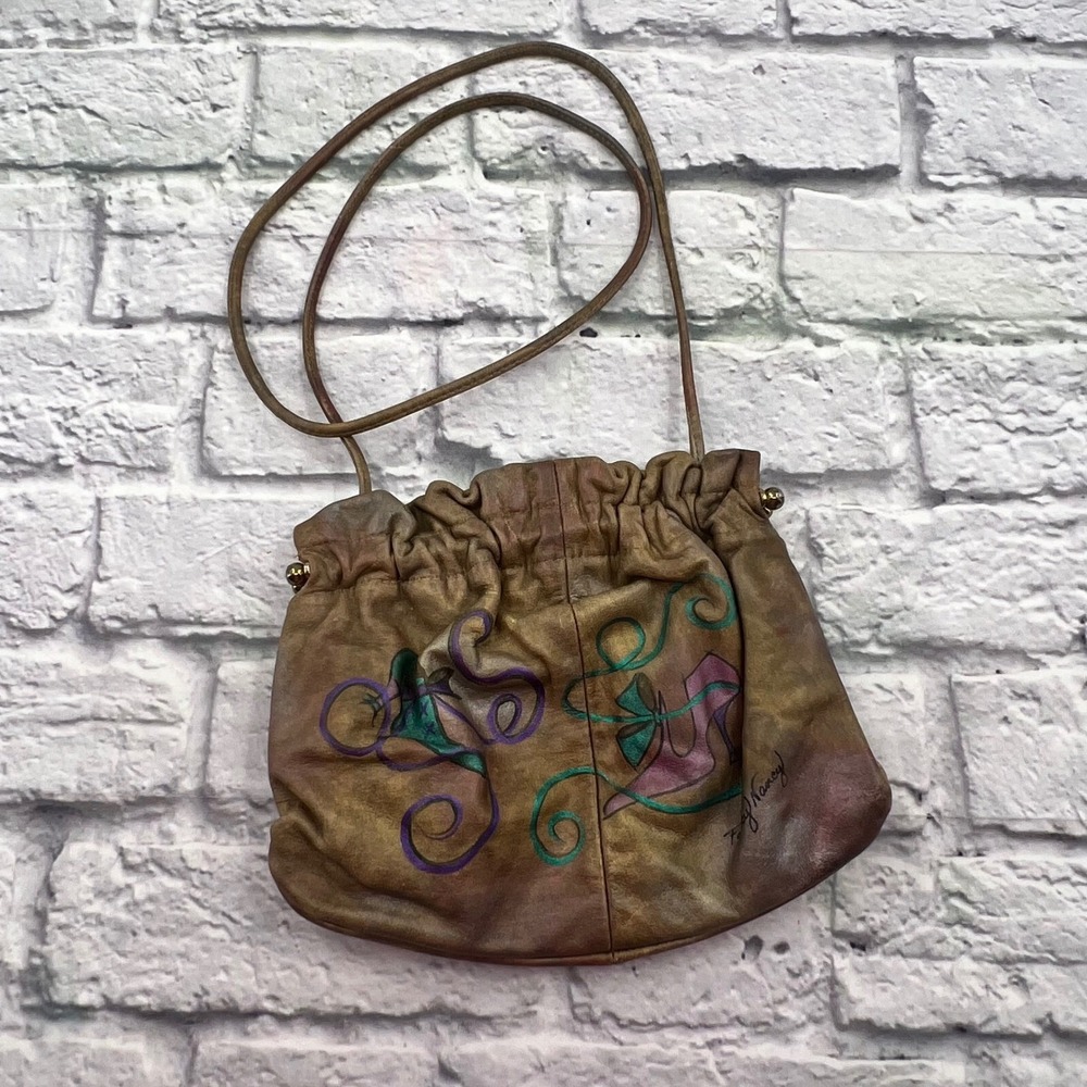 Fancy Nancy Tan Leather Hand Painted Whimsical Shoe Pouch Crossbody Bag Purse